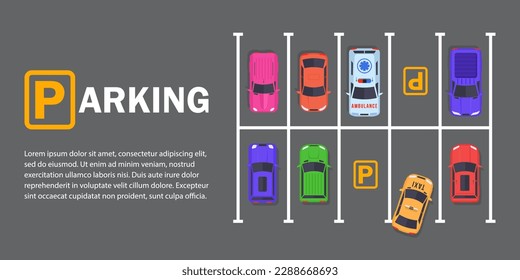 Free parking here poster in flat style. Urban traffic concept, top view parked cars in parking zone, outdoor auto park, public parking lot, city transport services vector illustration.	