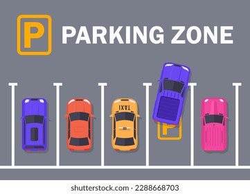 Free parking here poster in flat style. Urban traffic concept, top view parked cars in parking zone, outdoor auto park, public parking lot, city transport services vector illustration.	