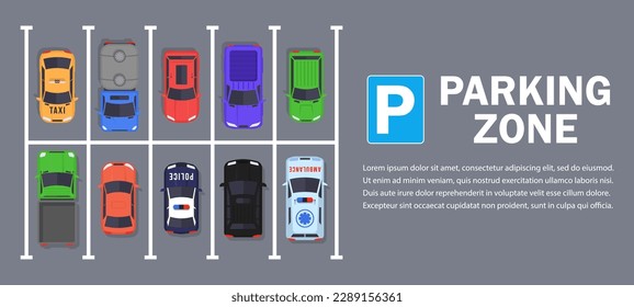 Free parking here poster in flat style. Urban traffic concept, top view parked cars in parking zone, outdoor auto park, public parking lot, city transport services vector illustration.	