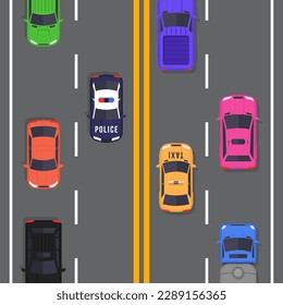 Free parking here poster in flat style. Urban traffic concept, top view parked cars in parking zone, outdoor auto park, public parking lot, city transport services vector illustration.	