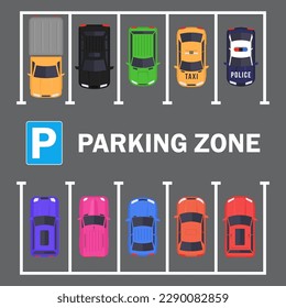 Free parking here poster in flat style. Urban traffic concept, top view parked cars in parking zone, outdoor auto park, public parking lot, city transport services vector illustration.	