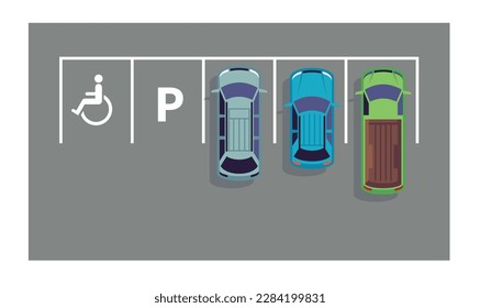 Free parking spaces , special sign on an asphalt road. Colored automobiles. Urban scene. Traffic rules in city. Top view. Cartoon flat isolated illustration. Vector vehicle concept