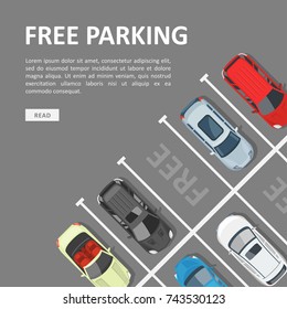 Free parking template. Place for a vehicle, parking space with empty car location. Vector flat style cartoon illustration isolated on white background