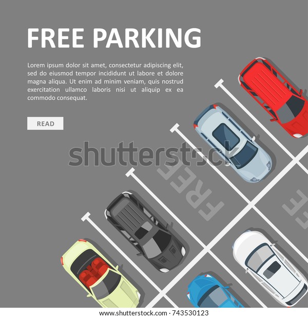 Free parking template. Place for a vehicle,
parking space with empty car location. Vector flat style cartoon
illustration isolated on white
background