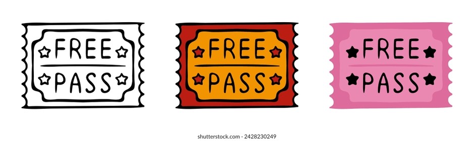 Free pass. Coupon, check, reservation, guarantee, event, transport, travel card, plane, bus, public, buy in advance, book, ticket, special, colorful, black and white, stars. Vector illustration
