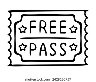 Free pass. Coupon, check, reservation, guarantee, event, transport, travel card, plane, bus, public, buy in advance, book, ticket, special, black and white, stars. Vector illustration