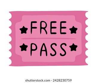 Free pass. Coupon, check, reservation, guarantee, event, transport, travel card, plane, bus, public, buy in advance, book, ticket, special, colorful, stars. Vector illustration