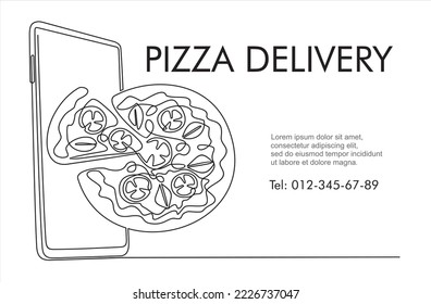 Free pizza delivery concept , smartphone screen with pizza in continuous one line vector drawing. Online buy