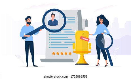 Free place. The guy under the magnifying glass reviews the resume. Girl shows on a vacant place. The concept of finding people for work. Vector