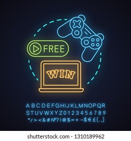 Free to play neon light concept icon. Play games idea. Digital entertainment. Online casino. Glowing sign with alphabet, numbers and symbols. Vector isolated illustration