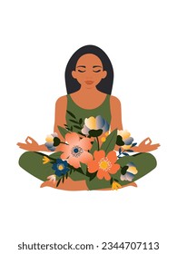 Concepto de mente libre y positiva. Una hermosa mujer medita y su alma y salud mental florecen. Vector.