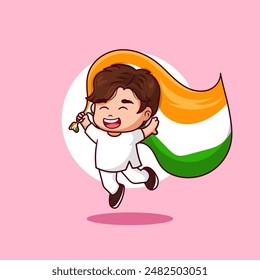 Kostenlose Premium Vektorgrafik niedliche Junge mit indischer Fahne. In: Indian Independence Day Vektorgrafik. Chibi-Cartoons.