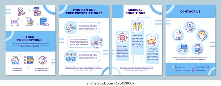 Free prescription brochure template. Medical condition. Flyer, booklet, leaflet print, cover design with linear icons. Vector layouts for magazines, annual reports, advertising posters