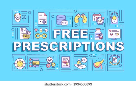 Free prescription word concepts banner. Healthcare insurance. Chronic disease. Infographics with linear icons on blue background. Isolated typography. Vector outline RGB color illustration