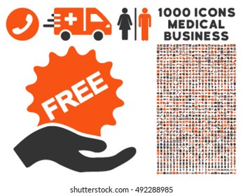 Free Present icon with 1000 medical business orange and gray vector pictograms. Set style is flat bicolor symbols, white background.