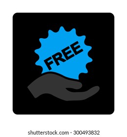 Free present icon. The icon symbol is drawn with blue and gray colors on a black button isolated on a white background.