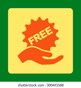 Free present icon. This flat rounded square button uses orange and yellow colors and isolated on a green background.