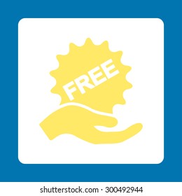 Free present icon. This flat rounded square button uses yellow and white colors and isolated on a blue background.