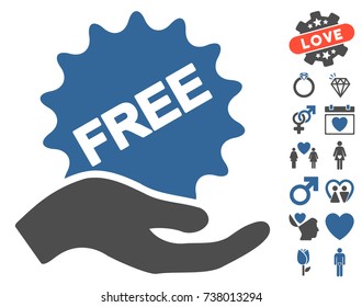 Free Present pictograph with bonus dating symbols. Vector illustration style is flat iconic cobalt and gray symbols on white background.