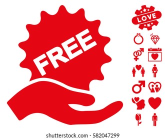 Free Present pictograph with bonus romantic images. Vector illustration style is flat iconic red symbols on white background.