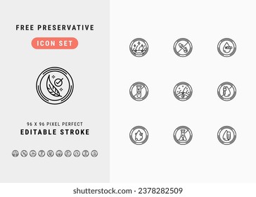 Free Preservative Formula Includes Anti Dandruff, No Artificial Color, Ph Balance, Paraben Free and Hypoallergenic. Line Icons Set. Editable Stroke Vector Stock. 96 x 96 Pixel Perfect.