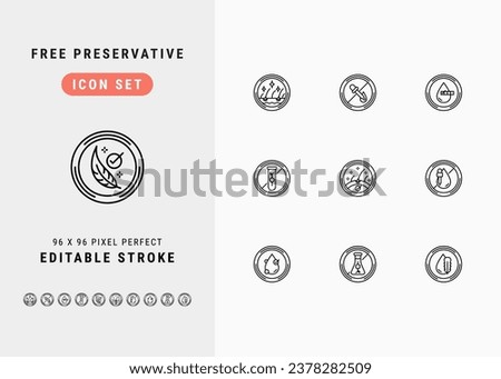 Free Preservative Formula Includes Anti Dandruff, No Artificial Color, Ph Balance, Paraben Free and Hypoallergenic. Line Icons Set. Editable Stroke Vector Stock. 96 x 96 Pixel Perfect.