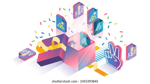 Free product samples download advert isometric concept vector illustration. Marketing strategy for online picture store. Special gift package release as promo campaign. Bonus surprise without charge.