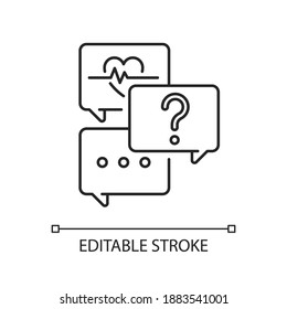 Free question to specialist linear icon. Health and medical-related questions. Live chat. Thin line customizable illustration. Contour symbol. Vector isolated outline drawing. Editable stroke