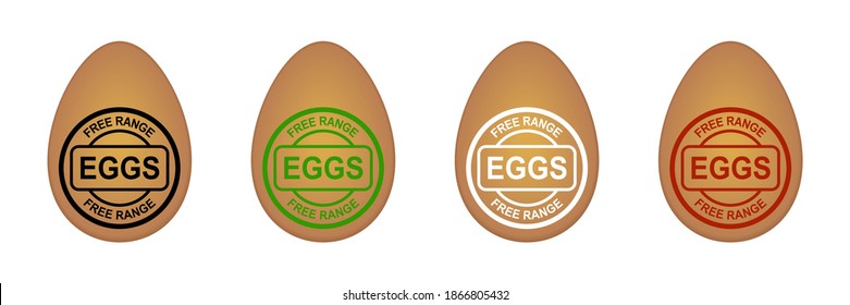Free range eggs logo. 3d brown eggs with stamps. Farm fresh product from happy chickens. Label. Sticker