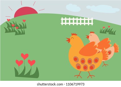 Free range fertile chicken walk happily in the hill looking for the good food to eat 