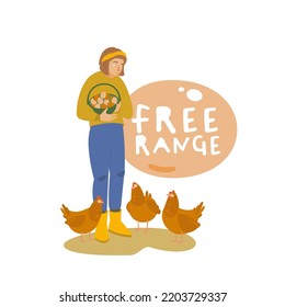 Free Range Label. Friends Not Food Sticker, Icon. The Woman Taking Eggs From Chicken. Happy Animal Friend, No Cruelty, Vegetarianism Concept. Vector Illustration Isolated On A White Background