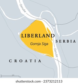 Free Republic of Liberland, gray political map. Unrecognized micronation in Southeast Europe, claiming Gornja Siga, uninhabited and disputed land on western bank of Danube between Croatia and Serbia.