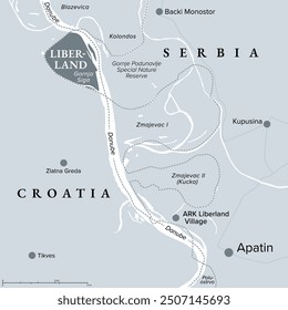 Free Republic of Liberland, gray political map with Liberland Village near Apatin. Micronation in Europe claiming uninhabited parcel of land Gornja Siga on Danube, disputed between Croatia and Serbia.