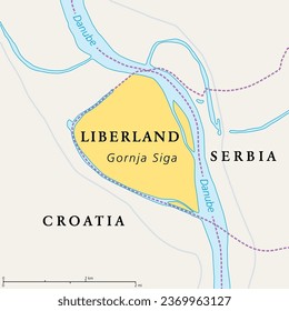 Free Republic of Liberland, political map. Unrecognized micronation in Southeast Europe, claiming Gornja Siga, uninhabited parcel of disputed land on western bank of Danube between Croatia and Serbia.