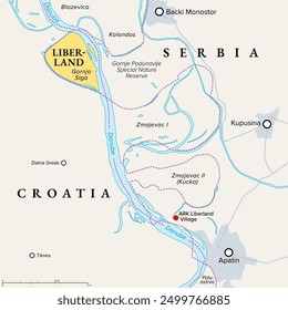 Free Republic of Liberland, political map, with ARK Liberland Village near Apatin. Micronation in Europe claiming uninhabited parcel of land Gornja Siga on Danube, disputed between Croatia and Serbia.