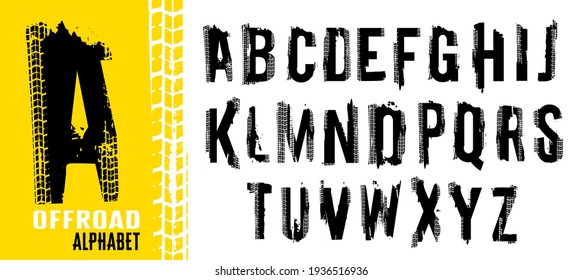 Free ride. Grunge tire letters. Off road lettering in a black color isolated on white background. Editable vector illustration. Grunge typography useful for automotive poster, print, leaflet design.