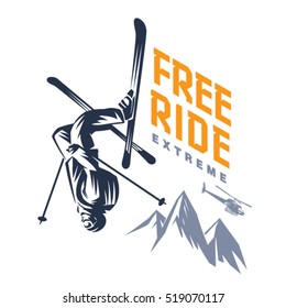 Free ride. Stunt headfirst of skier. Sport emblem