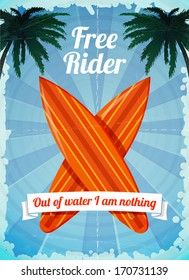 Free rider - ocean vacation surfboards poster vector illustration