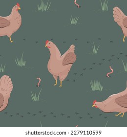 Free roaming happy hens. Cage free chickens on green grass looking for earth worms. Seamless vector pattern.