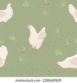 Gallinas felices de roaming gratuito. Pollos libres de jaulas sobre hierba verde buscando gusanos de tierra. Patrón vectorial sin cable.