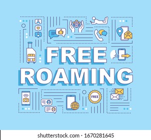 Free roaming word concepts banner. Unpaid wireless telecommunication service. Infographics with linear icons on blue background. Isolated typography. Vector outline RGB color illustration