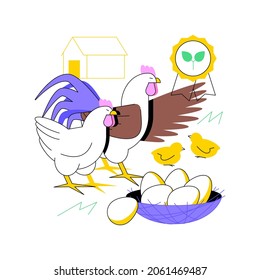 Free run chicken and eggs abstract concept vector illustration. Cage free eggs, organic food, rich nutrient diet, happy chickens, food labeling, organic certification standard abstract metaphor.