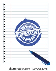 Free Sample blue ink pen emblem. Vector Illustration. Detailed.