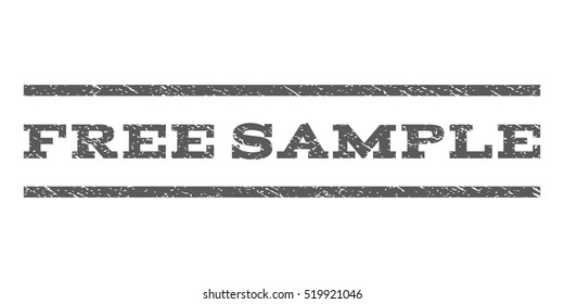 Free Sample watermark stamp. Text tag between horizontal parallel lines with grunge design style. Rubber seal stamp with scratched texture. Vector grey color ink imprint on a white background.