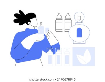 Free samples isolated cartoon vector illustrations. Smiling girl uses perfume testers in cosmetics store, trade profession, smart retail, shopping day with free samples vector cartoon.