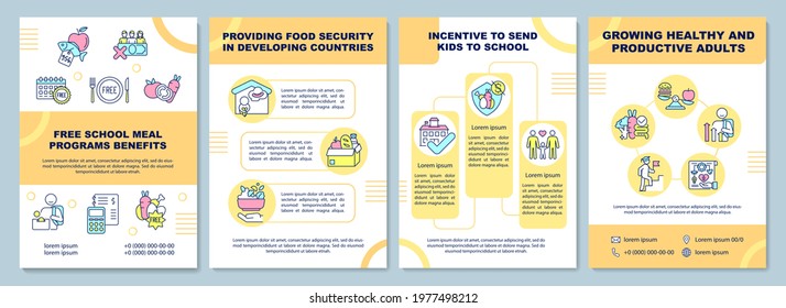 Free school meal programs benefits brochure template. Food security. Flyer, booklet, leaflet print, cover design with linear icons. Vector layouts for presentation, annual reports, advertisement pages