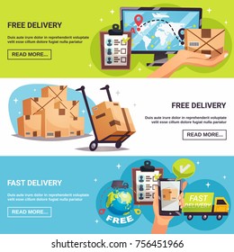 Free shipment express delivery service with online tracking 3 horizontal background banners webpage design isolated vector illustration 