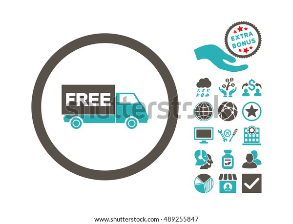 Free Shipment icon with bonus symbols. Vector\
illustration style is flat iconic bicolor symbols, grey and cyan\
colors, white background.