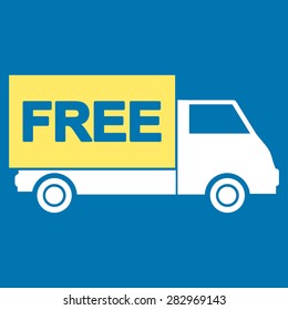 Free shipment icon. Style: flat bicolor symbol, yellow and white colors, rounded angles, blue background.