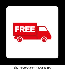 Free shipment icon. Vector style is red and white colors, flat rounded square button on a black background.